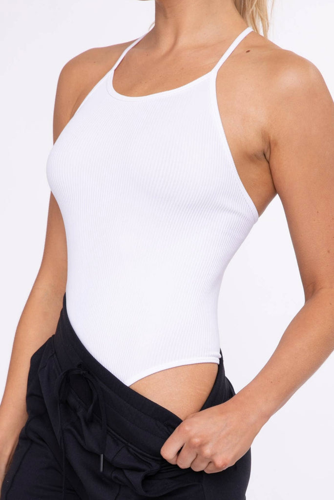 X Back Ribbed Bodysuit-White