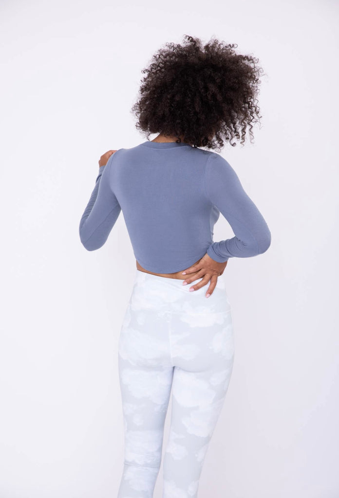 Long Sleeve Side Swoop Crop Top-Slate Blue