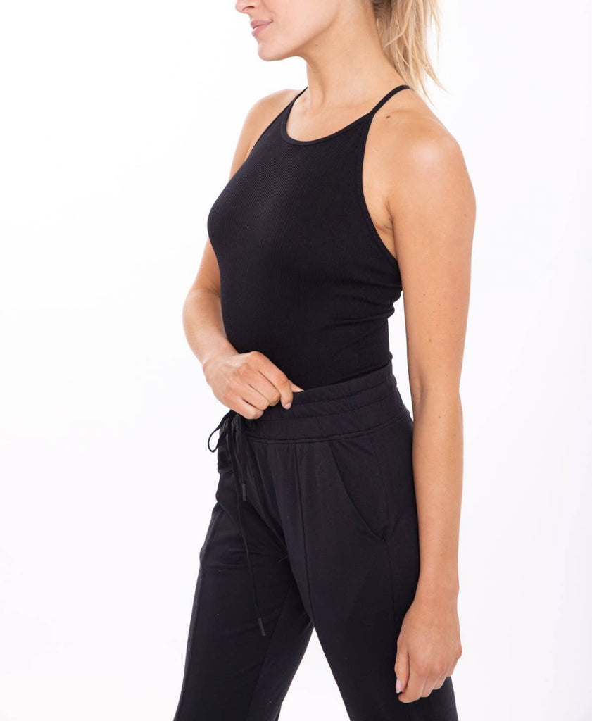 X Back Ribbed Bodysuit-Black